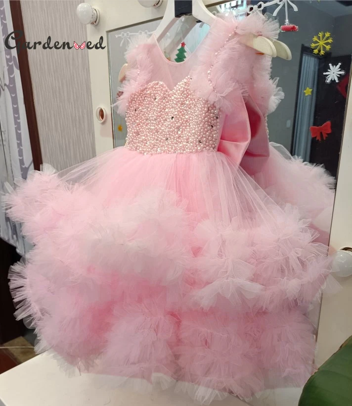 Gardenwed Pink Princess Dress Pearl Beaded Puffy First Communion Dress Flower Girl Dresses Cute Children Girls Dress First Gown
