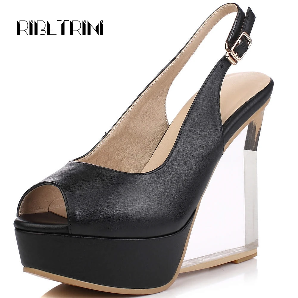 

RIBETRINI Brand Design Genuine Leather Shoes Women Peep Toe High Heel Platform Pumps Women 2020 Sexy Party Runway Show Pumps