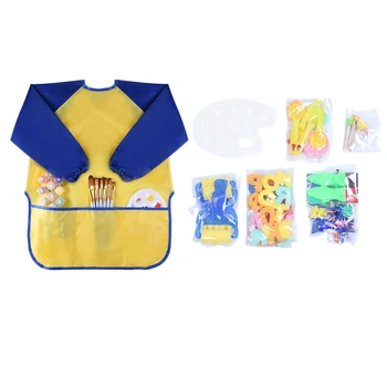 

1x Childrens Kids Toddler Waterproof Play Apron Art Smock with 3 Roomy Pockets & 53 Pieces Sponge Paint Brushes Set Kids