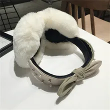 Женские забавные зимние наушники, повязка на голову из искусственного меха с бантом и жемчугом, теплые плюшевые вечерние наушники