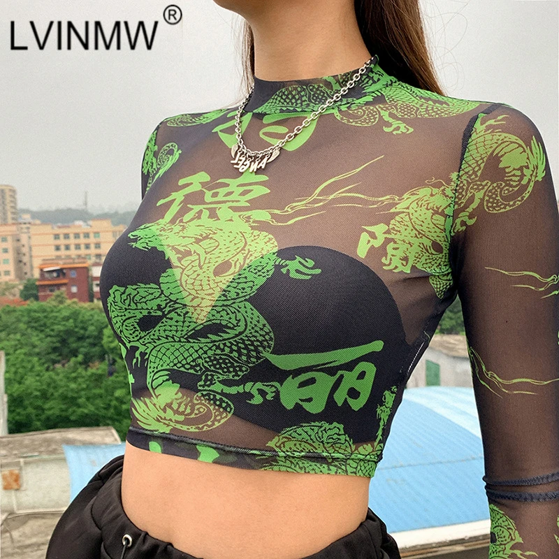 LVINMW китайский стиль принт сетка Прозрачная Футболка 2020 летняя для женщин