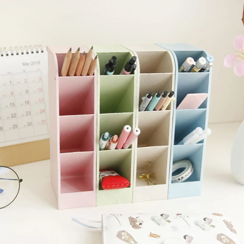 

Multi-function 4 Grid Desktop Pen Holder Desk Organizer Office Accessories School Storage Case Made By Eco-friendly Wheat Straw