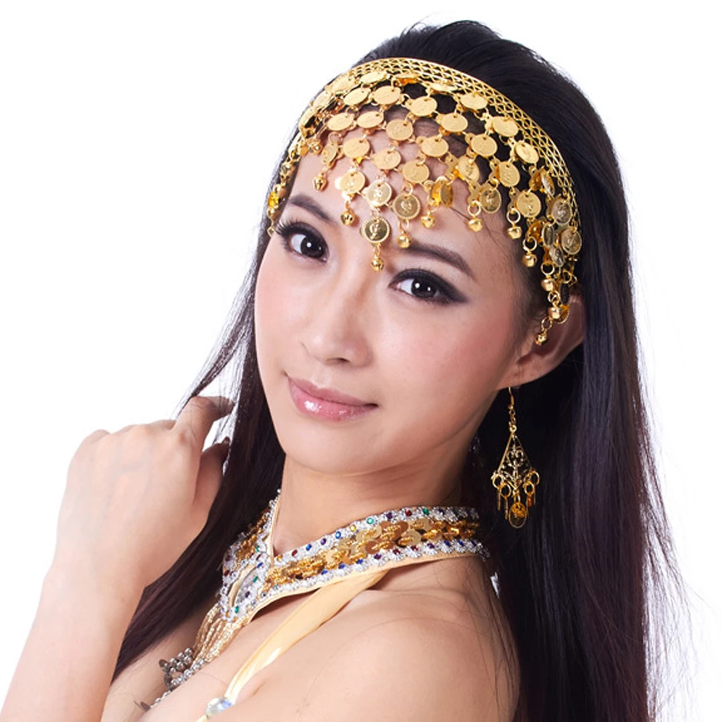 Модные женские повязки для волос для девочек украшение на голову для танцев блестки монеты кисточки головной убор Цыганский костюм Декор Аксессуары для волос - Цвет: Gold