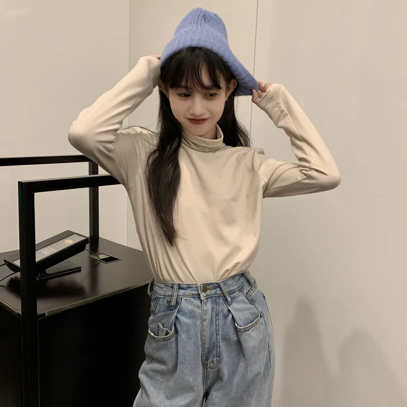 apricot Qiu dong/качественная Стильная однотонная многоцветная Верхняя одежда без подкладки, футболка, Женский Топ с высоким воротом ba - Цвет: apricot