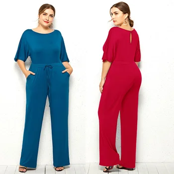 

Plus Size Casual Solid O-neck Short Sleeve Jumpsuits 2020 Spring Summer Women Fashion High Waist Loose Straight Jumpsuit Ladies