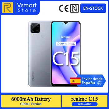 Перейти на Алиэкспресс и купить В наличии глобальная версия Realme C15 смартфон 4 Гб 64 Гб 6,5 ''мини-капля Экран 13MP AI Quad камеры Helio G35 6000 мА/ч, 18W зарядное устройство