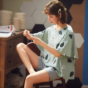 

New Women's Pajamas with Avocado Cute Cartoon Sleepwear Summer Autumn Cotton Pijamas Home Clothes for Women Comfortable Homewear