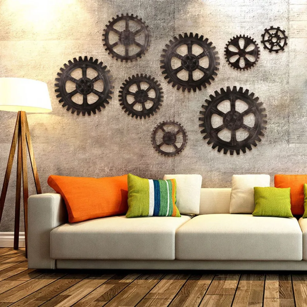 

24/32 Cm Gold Silver Color Retro Industrial Style Imitation Metal Wood Gear Bar Loft Creative Wooden Props Wall Hanging Decor