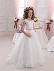 Princess White Flower Girls Dresses 2021 with Pink Sash A Line Short Cap Sleeve Cut-out Corest Back Toddler Wedding Party Dress