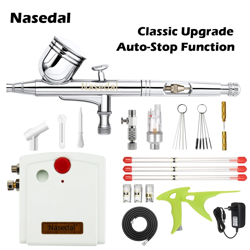 Nasedal Auto-Stop Compressor Airbrush kit 0.3mm Dual-Action Airbrush Spary Gun Kit for Nail Art Model Cake Car Painting NT-66W