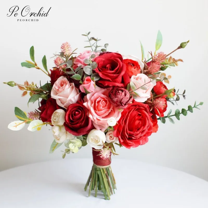 

Искусственный Шелковый букет из розовых и красных пионов, украшения для церкви, искусственные цветы, автоматический свадебный букет