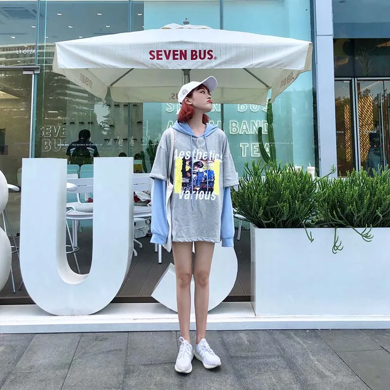 NiceMix Harajuku футболка женская поддельная 2 шт. принт японский Fujiang Horror Comics рубашка с длинными рукавами женская Vetement Femme Новинка