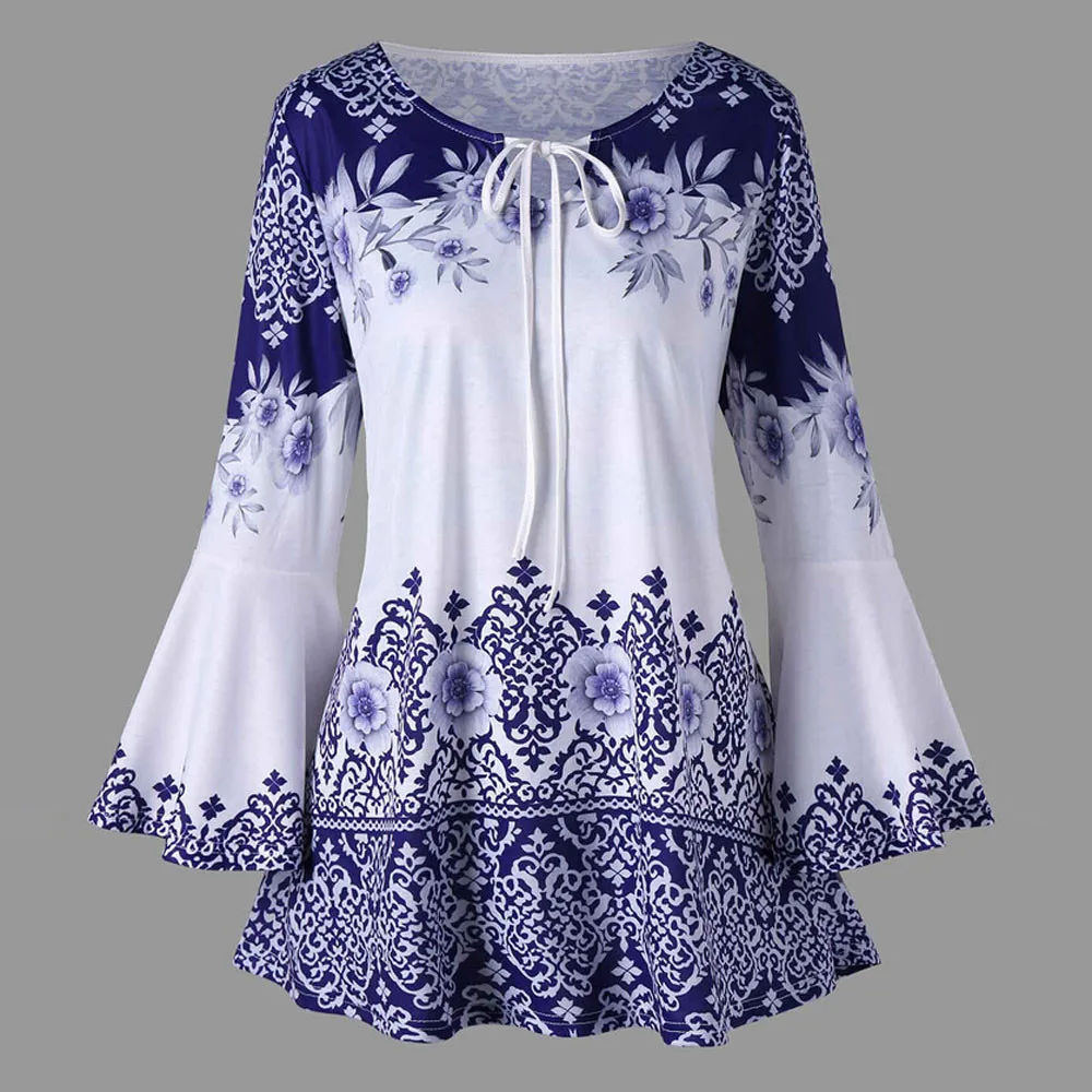 

Fashion Casual Daily Women Plus Size Polyester Printed Flare Sleeve Tops Keyhole T-Shirts Summer korean gift Drop Shipping 2019