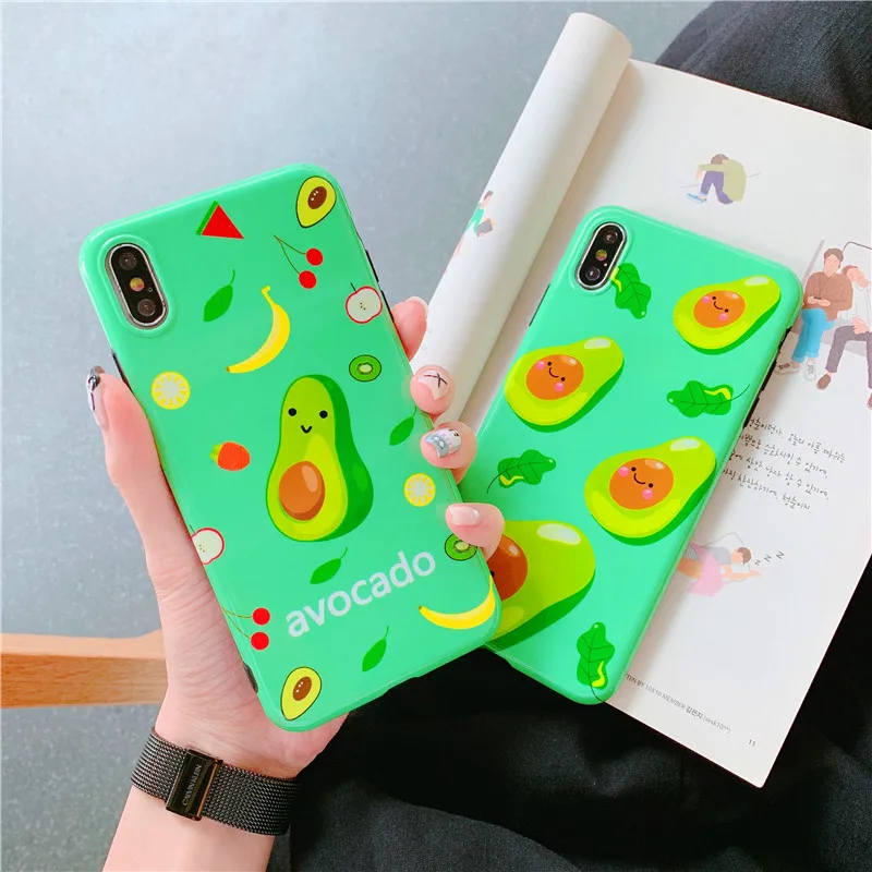 

Cartoon Cute Green Avocado Phone Case For iPhone X XR XS Max Cute Green Avocado Pattern Soft IMD Phone Back Cover Cases