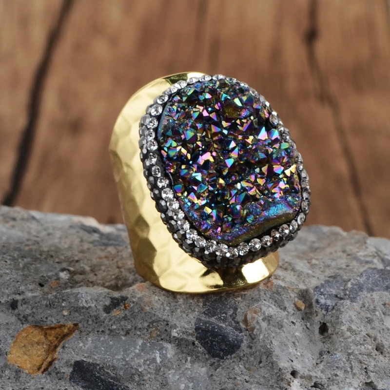 Дропшиппинг кольцо с камнем друзы Бохо Радужное кольцо Друза титана для свадьбы ювелирные изделия США европейские драгоценные камни обручальные кольца женское кольцо - Цвет основного камня: gold-rainbow