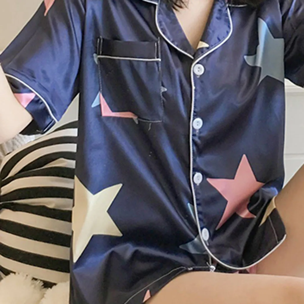 Сексуальная пижама женская с принтом короткий рукав отложной воротник кнопка карман короткая пижама OY41
