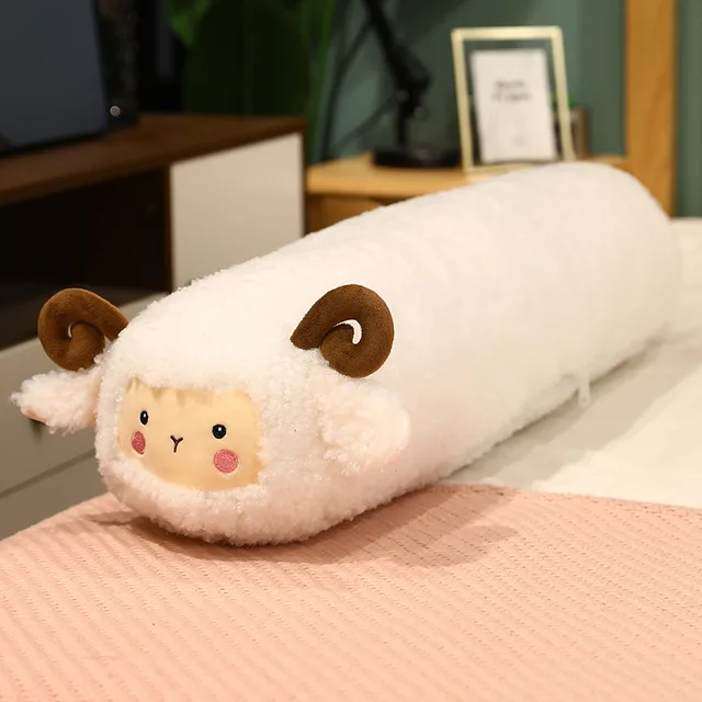 80~120cm Fuzzy Long Sheep Doll Lying Cute Brown&White Goat Grassland Animal Cylindrical Pillow Sleeping Leg Support Gift