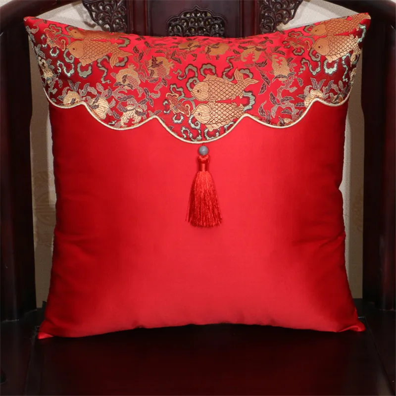 

Classical Chinese Style Carp Pattern Cushion Cover Silk Pure Color Waist Pillowcase Decoration for Sofa Car Throw Pillow Cover