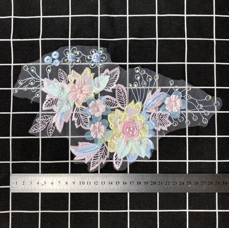 Lace Sewing Accessories Lace Sewing Supplies Clothing Craft Accessories Sewing Patches 1 Piece Colorful 3D Flower Embroidery Patches Bridal Lace Sewing Fabric Applique Beaded Tulle DIY Wedding Dress Patchwork