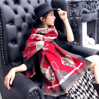 

Luxury brand Carriage chain winter cashmere scarf thicked warm women blanket scarves long wool pashmina stole ladies shawls