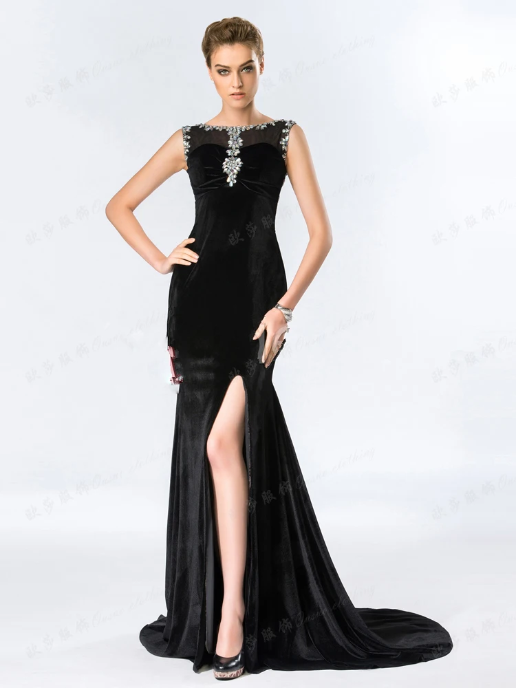 vestido de festa sexy High split black sleeveless velour long evening robe de soiree vestido longo mother of the bride dresses