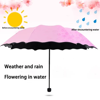 

Ladies Portable Umbrellas Windproof 3-Folding Blossoms in Water Changes Color Anti-UV Sun/Rain Umbrella @LS