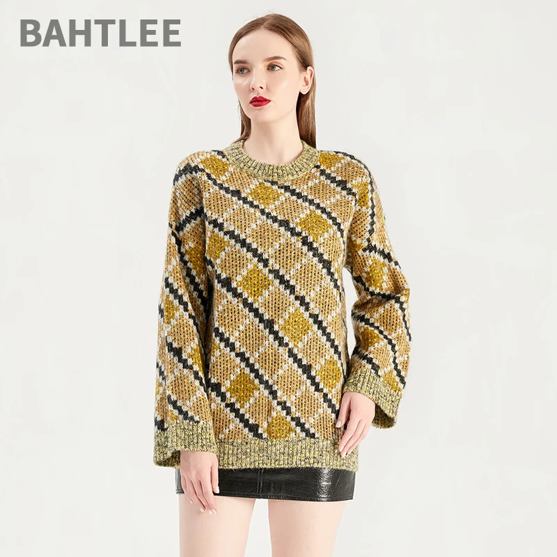 

BAHTLEE-Women's Mohair Wool Sweater, Multicolour Knitted Pullovers, O-Neck, Long Sleeves, Loose Style, Spring, Autumn