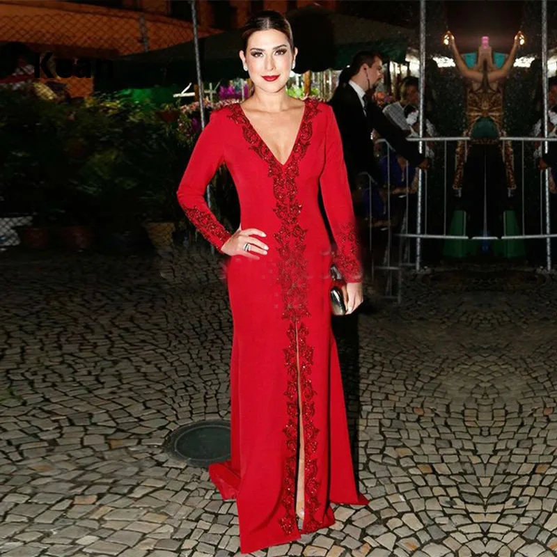 

New Arrival Red Evening Dresses Long 2019 Lace V neck A line Full Sleeve Formal Occasion Party Women Bridal Prom Dresses