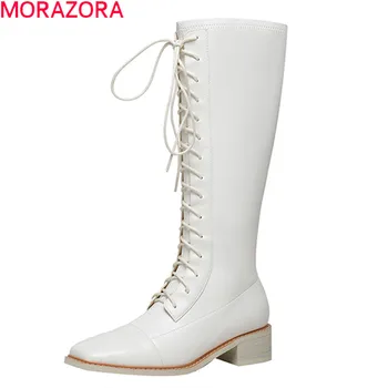 

MORAZORA 2020 New Arrival Winter Boots Genuine Leather Boots Med Heels Square Toe Lace Up Comfortable Knee High Boots