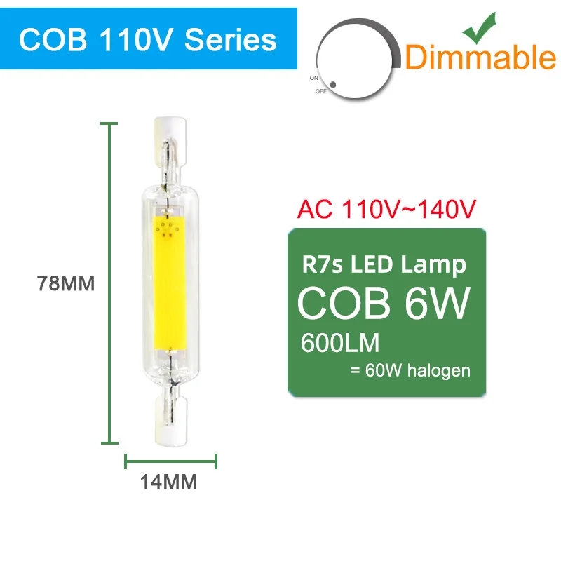 C6W 78mm 110V Dim Kaguyahime СВЕТОДИОДНЫЙ R7S 6 Вт~ 15 Вт 110 В 220 В светодиодный светильник с регулируемой яркостью 78 мм 118 мм 189 мм Замена галогенного прожектора 50 Вт 150 Вт 200 Вт - Испускаемый цвет: C6W 78mm 110V Dim