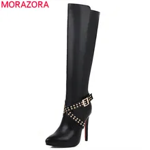MORAZORA/ Новое поступление Сапоги до колена высокие сапоги для женщин, с острым носком, с пряжкой, с заклепками, на высоком каблуке вечерние женские туфли для выпускного бала; осенне-зимняя обувь в австралийском стиле;