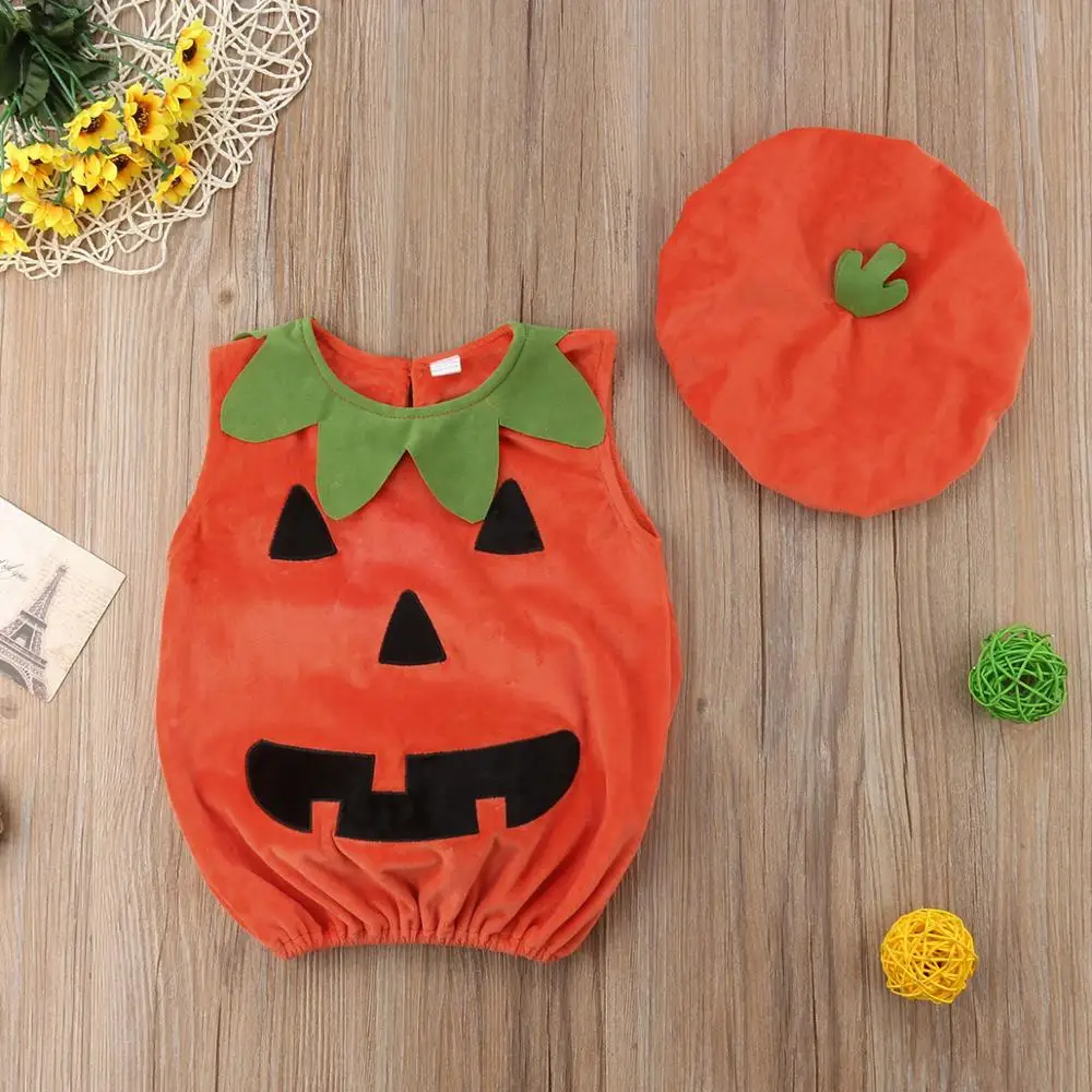 Spring Autumn Toddler Baby Clothes Suits Kid Pumpkin Print Sleeveless Romper Jumpsuits Tops+Hats Infant Clothes 2PCS 0-3T A0021