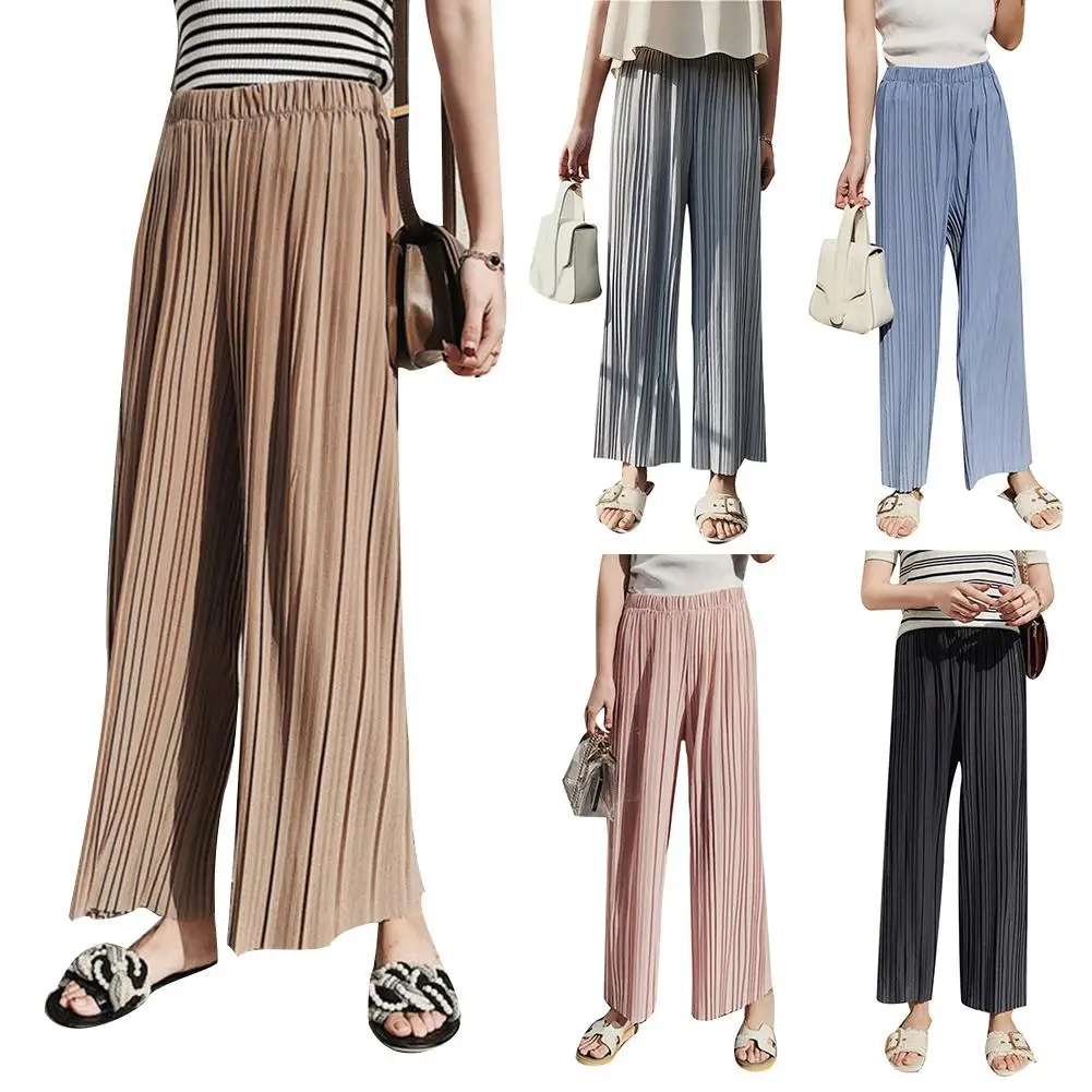

New Fashion Women Solid Color Elastic High Waist Pleated Casual Loose Wide Leg Pants