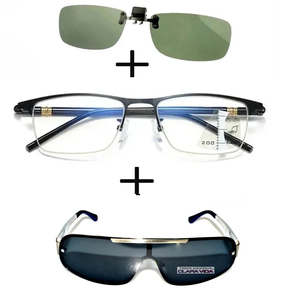 

3Pcs!!! Progressive Far and Near Business Reading Glasses for Men Women + Polarized Sunglasses Alloy Sports + Sunglasses Clip