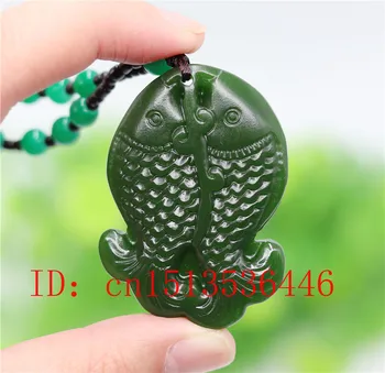 

Chinese Green Jade Double Fish Pendant Necklace Fashion Accessories Jewelry Carved Amulet Luck Gifts Women Sweater Chain