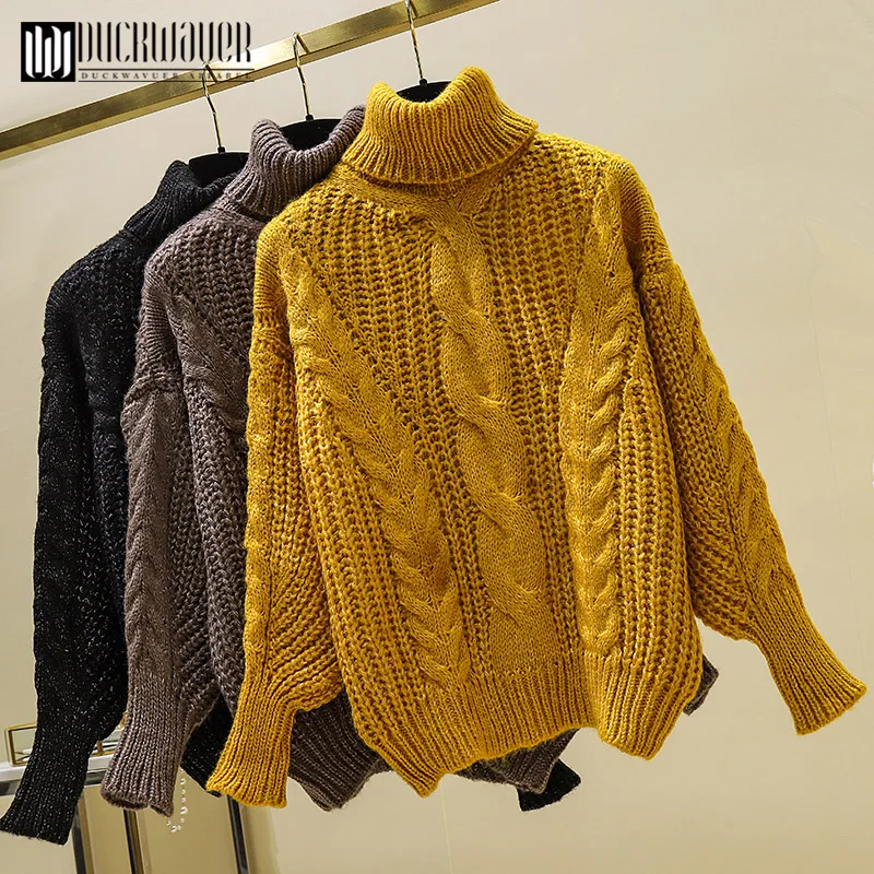 

Duckwaver 2019 Autumn Winter Women Knitted Sweaters Pullovers Turtleneck Long Sleeve Solid Color Slim Elastic Female Black White