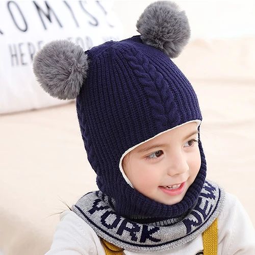 Зимняя детская шапочка с помпоном для девочки и шапка для маленьких мальчиков шарф маска HT19029 - Цвет: navy