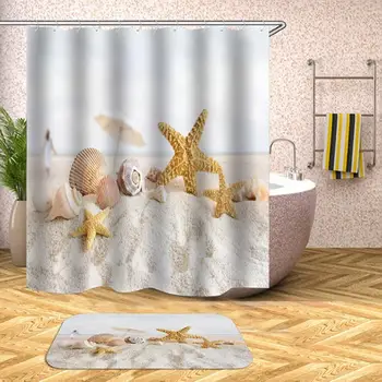

35Waterproof Shower Curtain Beach Shell Sea Bath Curtains For Bathroom Bathtub Bathing Cover Extra Large Wide With 12pcs Hooks