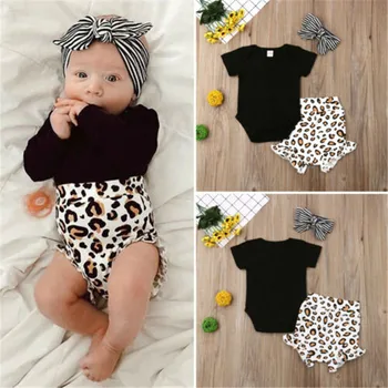 

2020 Summer Toddler Kid Baby Girls Outfit Clothes Short Sleeve Romper + Leopard Shorts Set