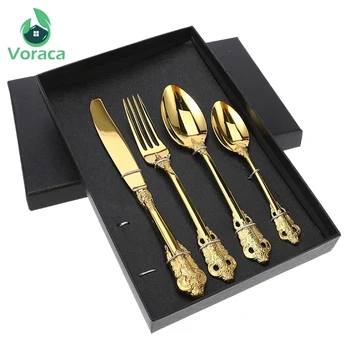 

4PCs/set Royal Vintage Stainless Steel Relief Tableware Set European Gold Plated Carved Cutlery Dining Knives Forks Spoons Gifts