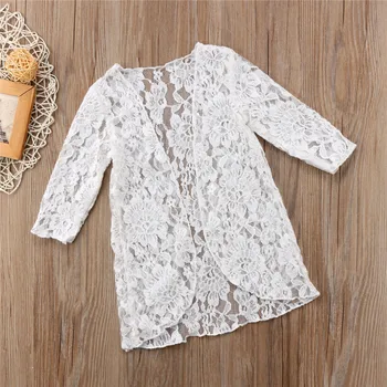 

2019 Summer Beach Dress Child Girls White Lace Flower Ruffle Dress Outwear Cute Mesh Sunscreen Dresses Kids Long Sleeve Dresses