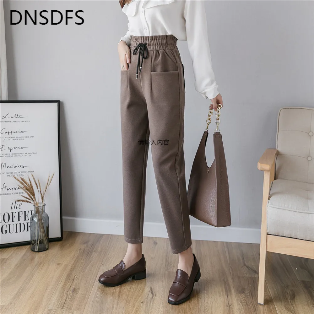 Женские шерстяные брюки повседневные эластичные с высокой талией до щиколотки