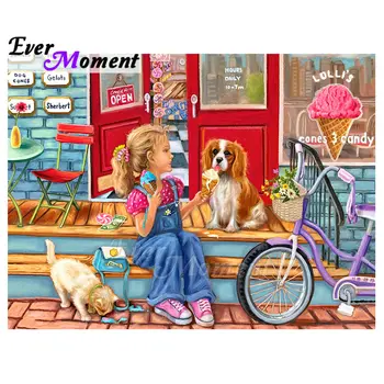 

Ever Moment Diamond Painting Cross Stitch Wall Decor Little Girl And Dog Ice Cream Shop Handmade Craft Paint By Diamonds 5L755