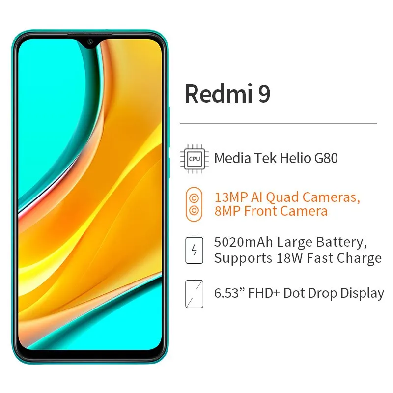 In Stock!! Global Version Xiaomi Redmi 9 Mobile phone 4GB RAM 64GB ROM Helio G80 Octa Core 13MP AI Camera 6.53