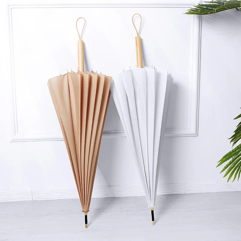 

16K Windproof Simple Solid Color Wooden Long Handle Literary Retro Umbrella Rain Women Girl Gift Ideas Kids Umbrella