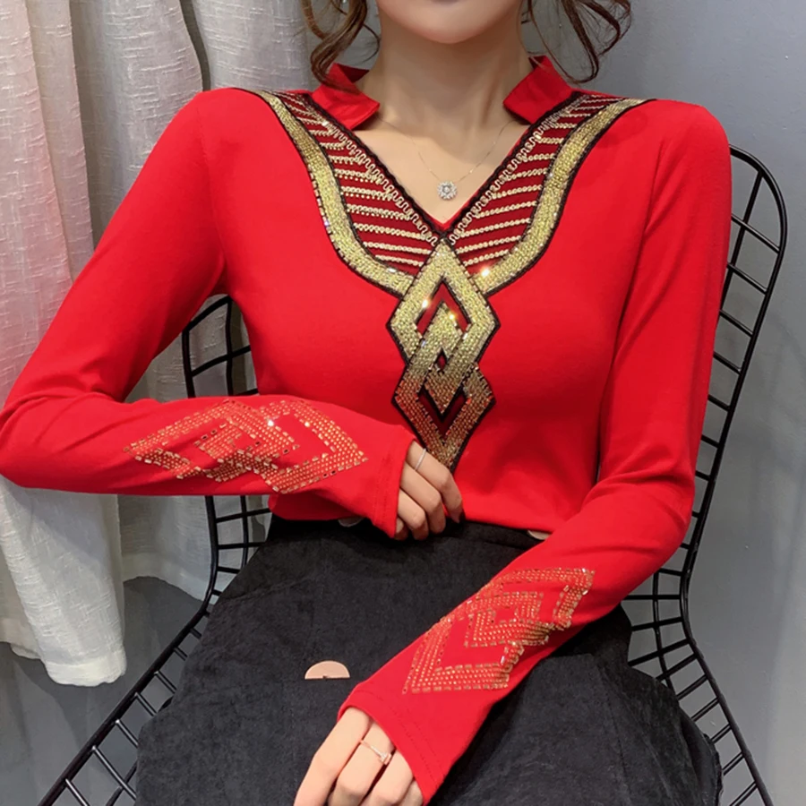 Poleras mujer de moda зимняя модная футболка размера плюс, плотная рубашка с длинным рукавом и v-образным вырезом, футболка со стразами, camiseta mujer