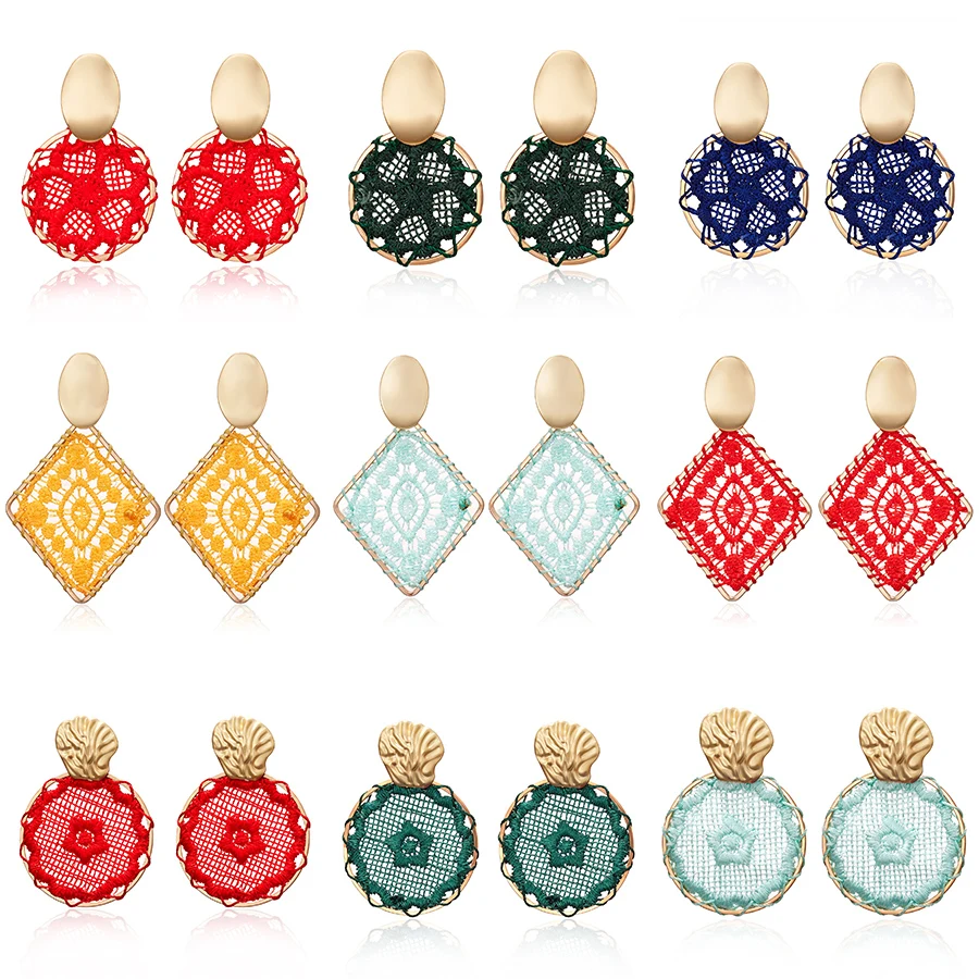 

Rinhoo 1Pair Colorful Simple Round Geometric Dream Catcher Flower Lace Drop Earring For Women Female Exquisite Jewelry Gift
