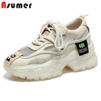 

Asumer 2020 hot sale genuine leather Vulcanized shoes women sneaker lace up mesh spring summer comfortable casual shoes woman