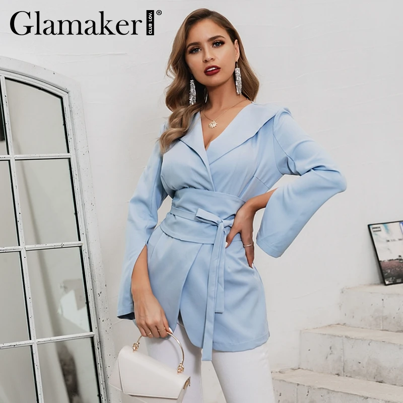 Glamaker, сексуальный, с разрезом, рукав, тонкий, длинный, Блейзер, куртка, для женщин, на шнуровке, пояс, синий, блейзер, платье для женщин, v-образный вырез, Элегантная куртка, Женское пальто