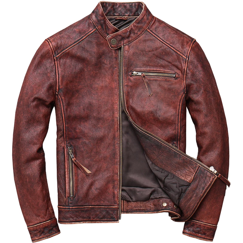 

2020 Vintage Brown Men Slim Fit Biker's Leather Jacket Plus Size XXXXXL Genuine Cowhide Autumn Motorcycle Leather Coat